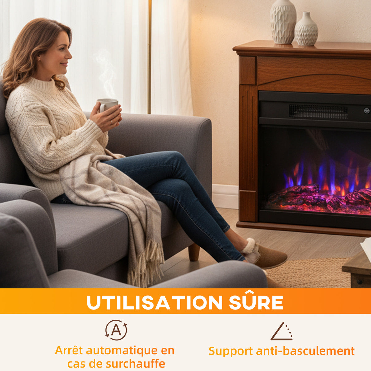 Cheminée électrique 1000W/2000W, fausse cheminée effet flamme 3D à 6 couleurs et 3 luminosités, 68,5x27,5x63cm, marron-6