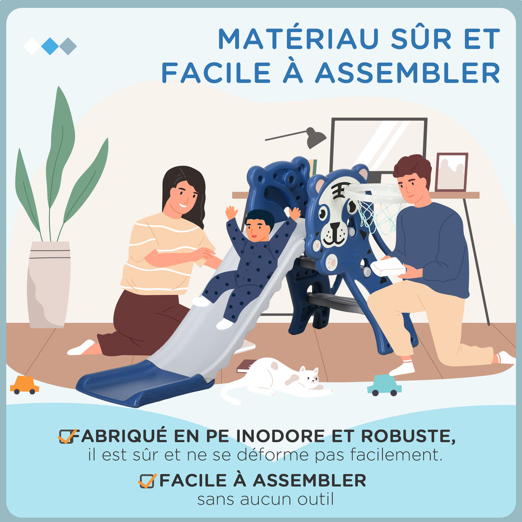 Toboggan pour enfants, toboggan intérieur pour enfants, avec panier de basket, thème tigre, de 18 à 36 mois, bleu-6