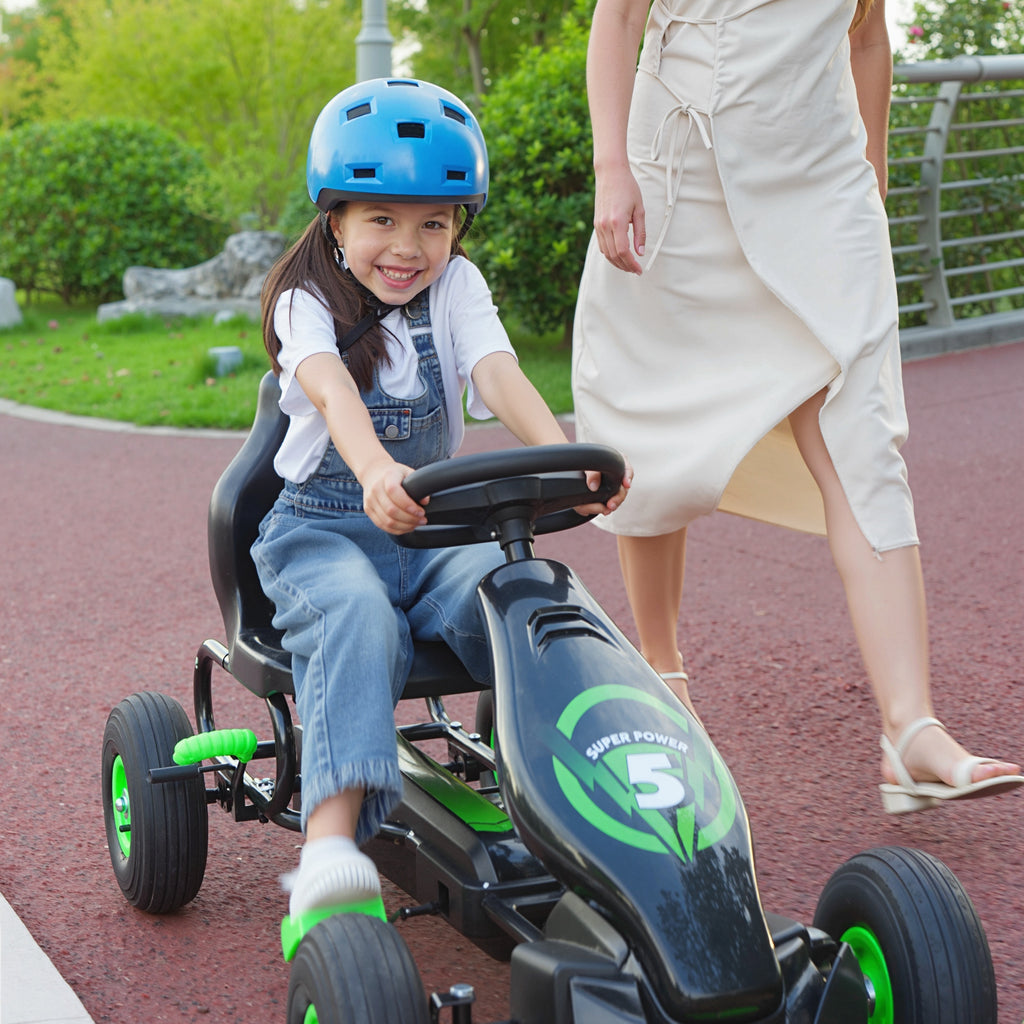 Kart à pédales pour enfant siège réglable 3 positions frein à main enfant de 5 à 12 ans vert noir-8