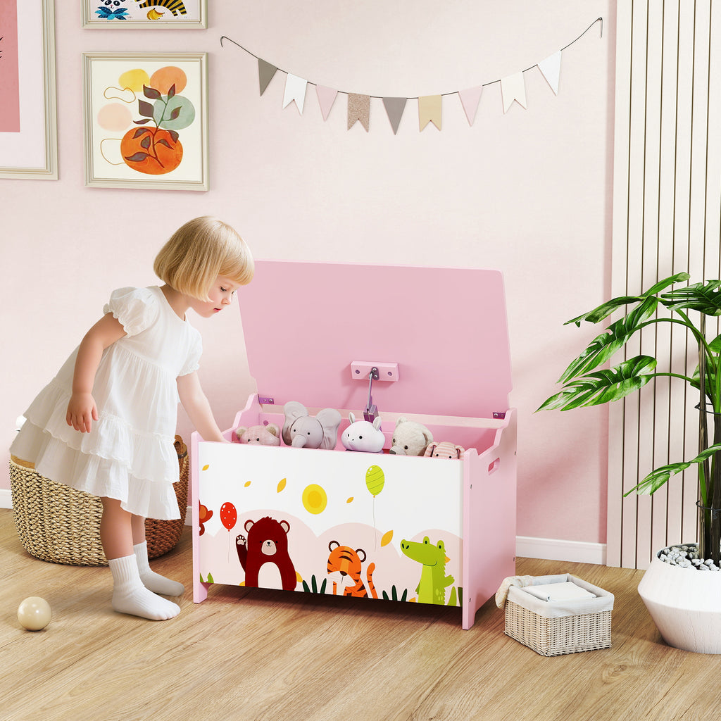 Coffre à jouet enfant coffre de rangement enfant couvercle rabattable motif animal 60 x 37 x 39 cm rose-1