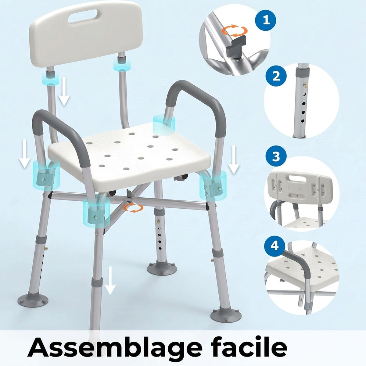 Tabouret de Douche Réglable en Hauteur à 5 Niveaux, Chaise de Douche, Accoudoirs Rembourrés et Coussin Amovible, Gris-6