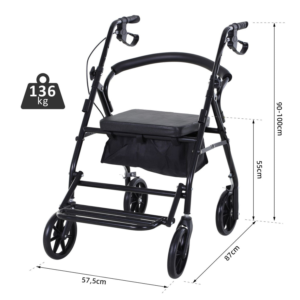 Déambulateur 4 roues - déambulateur pliable léger - assise + dossier rembourré - poignées ergonomiques, freins à main - panier rangement - cale-pied - métal noir-2