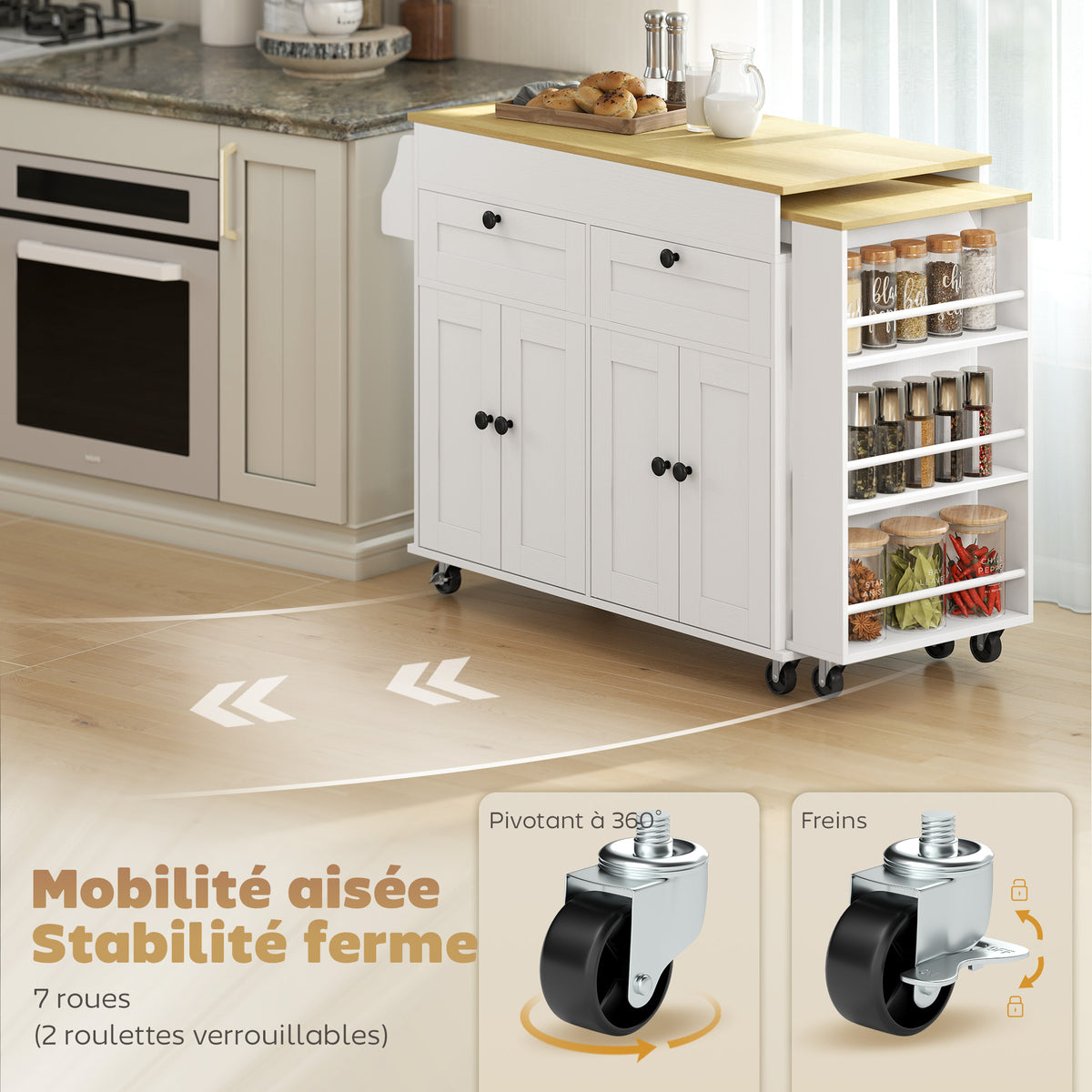 îlot central cuisine avec plateau extensible, desserte de cuisine sur roulettes avec 2 tiroirs, 4 portes, blanc-5