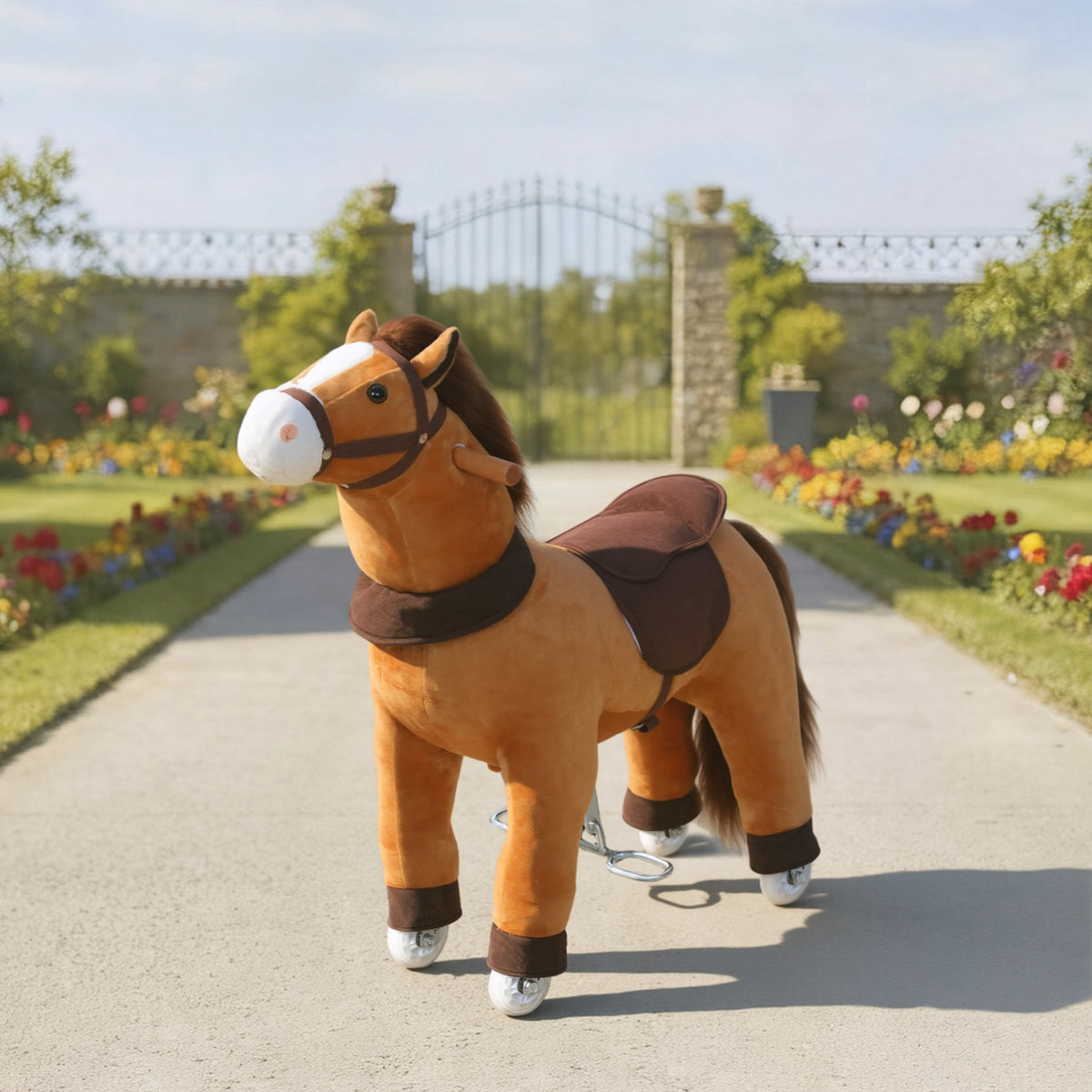 Cheval à Monter pour Enfant, Cheval à Roulettes en Peluche, Poignée, 75 cm de Haut, pour 3 à 5 Ans, Marron-9