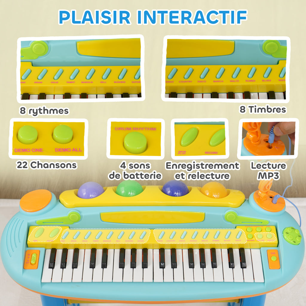 Piano enfant électronique 37 touches, avec micro, tabouret, lumière LED, fonction d'enregistrement et de relecture-4