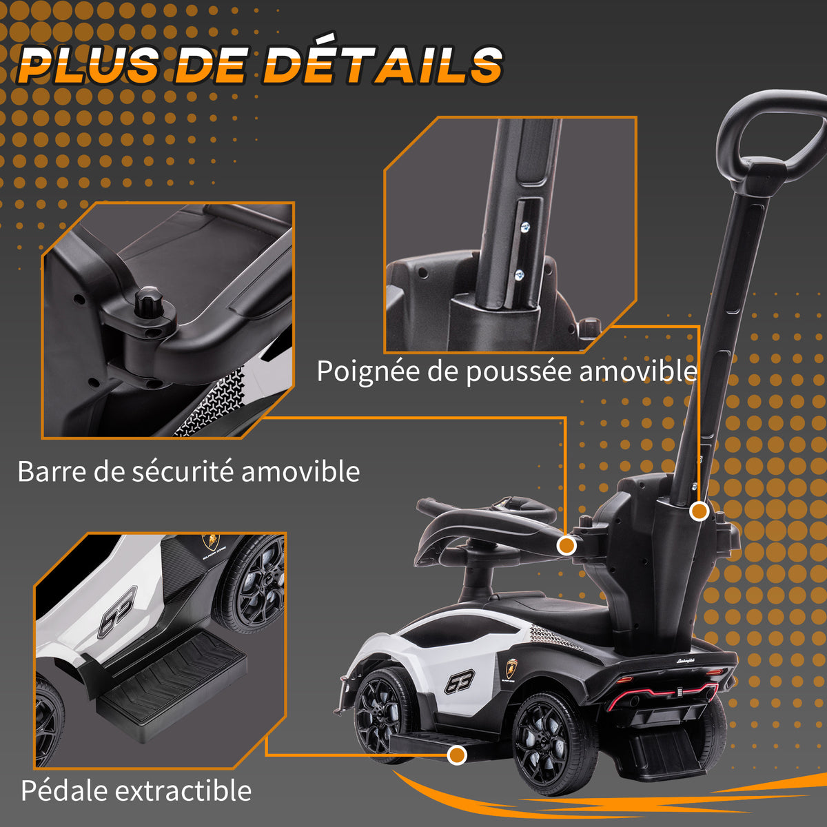 Voiture à pousser pour enfants porteur enfants 1 à 3 ans multi-équipée avec poignée de poussée, klaxon et volant, Blanc-6