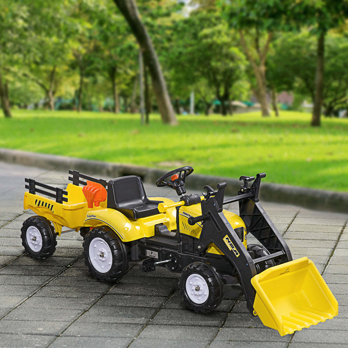 Tracteur à pédales tractopelle avec remorque Pelle et râteau Jeu de Plein air Enfants à partir de 3 Ans Jaune Noir-9