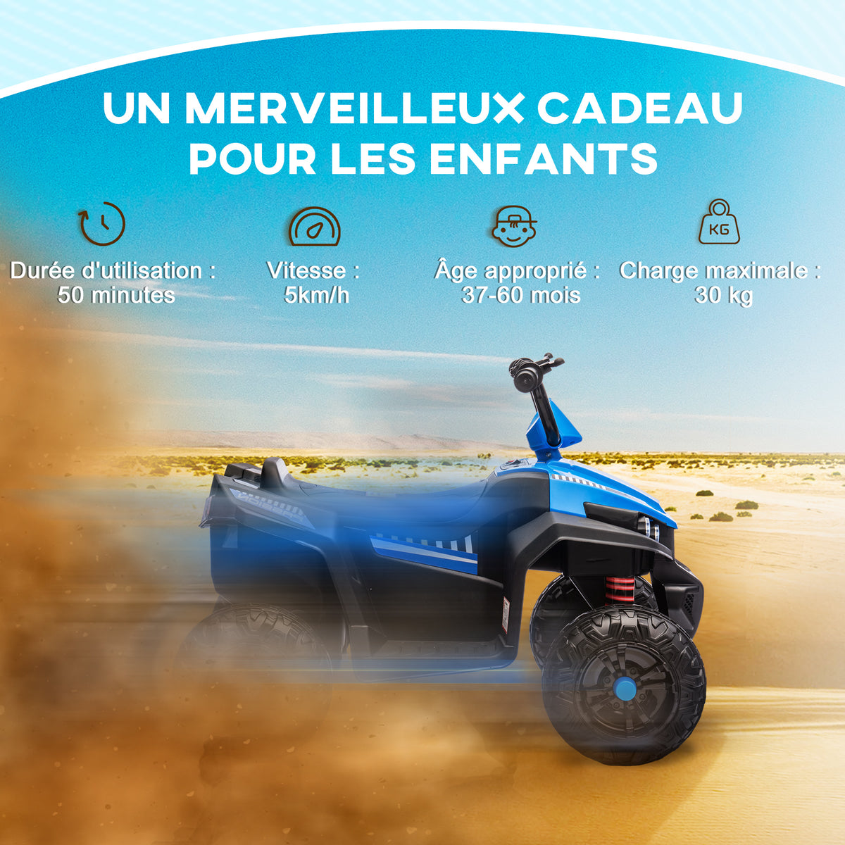 Quad électrique enfant 12 V voiture électrique 2 moteurs marche avant et arrière 37-60 mois 85 x 55,5 x 62 cm bleu-7