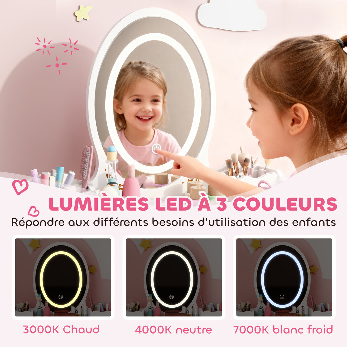 Coiffeuse pour enfant 2 en 1 bureau enfant fille avec miroir à LED 3 couleurs et tabouret 60x30x99,3 cm blanc-3