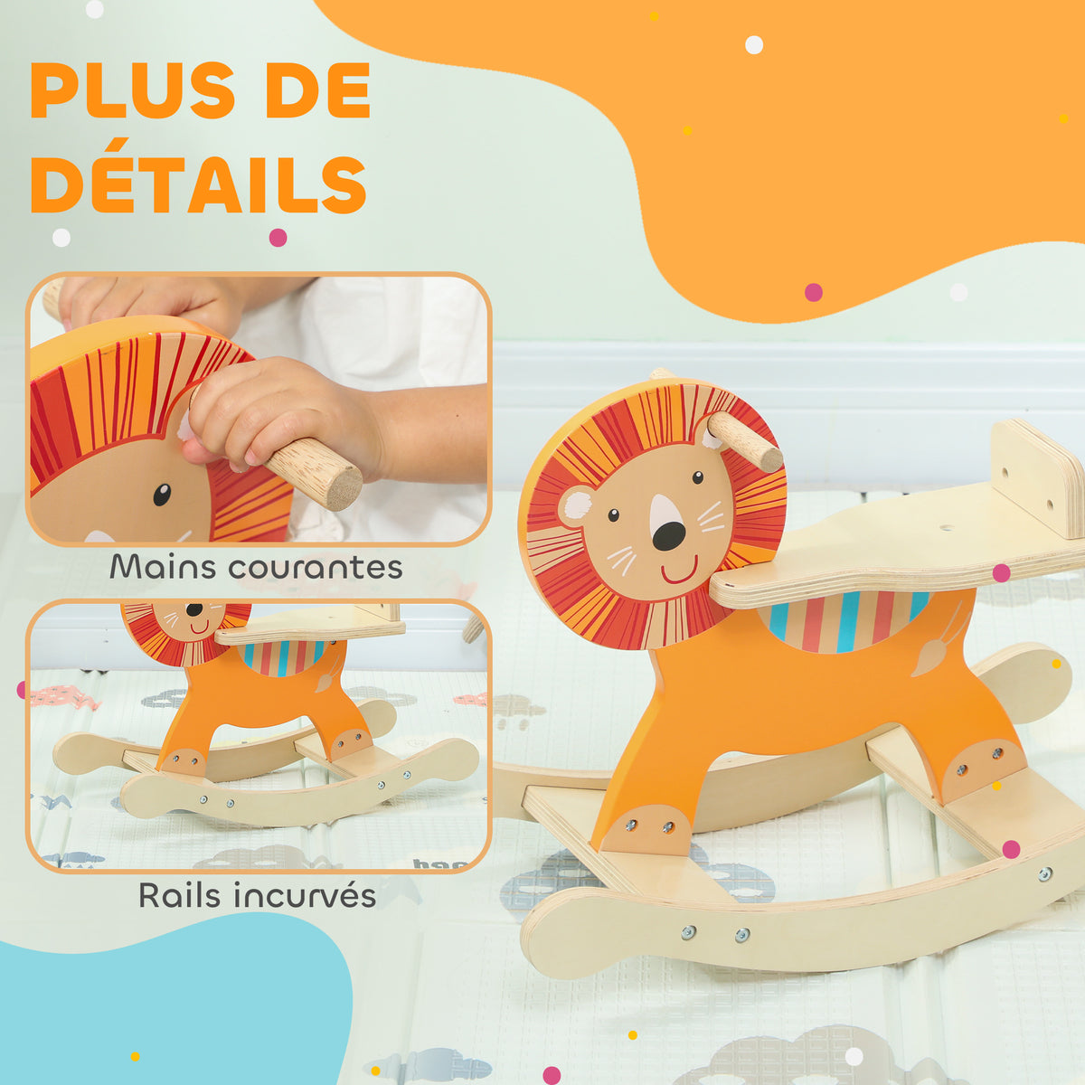 Cheval à bascule pour enfants, lion jouet à bascule bébé en bois avec guidon et base stable, 59 x 27 x 43 cm, orange-4