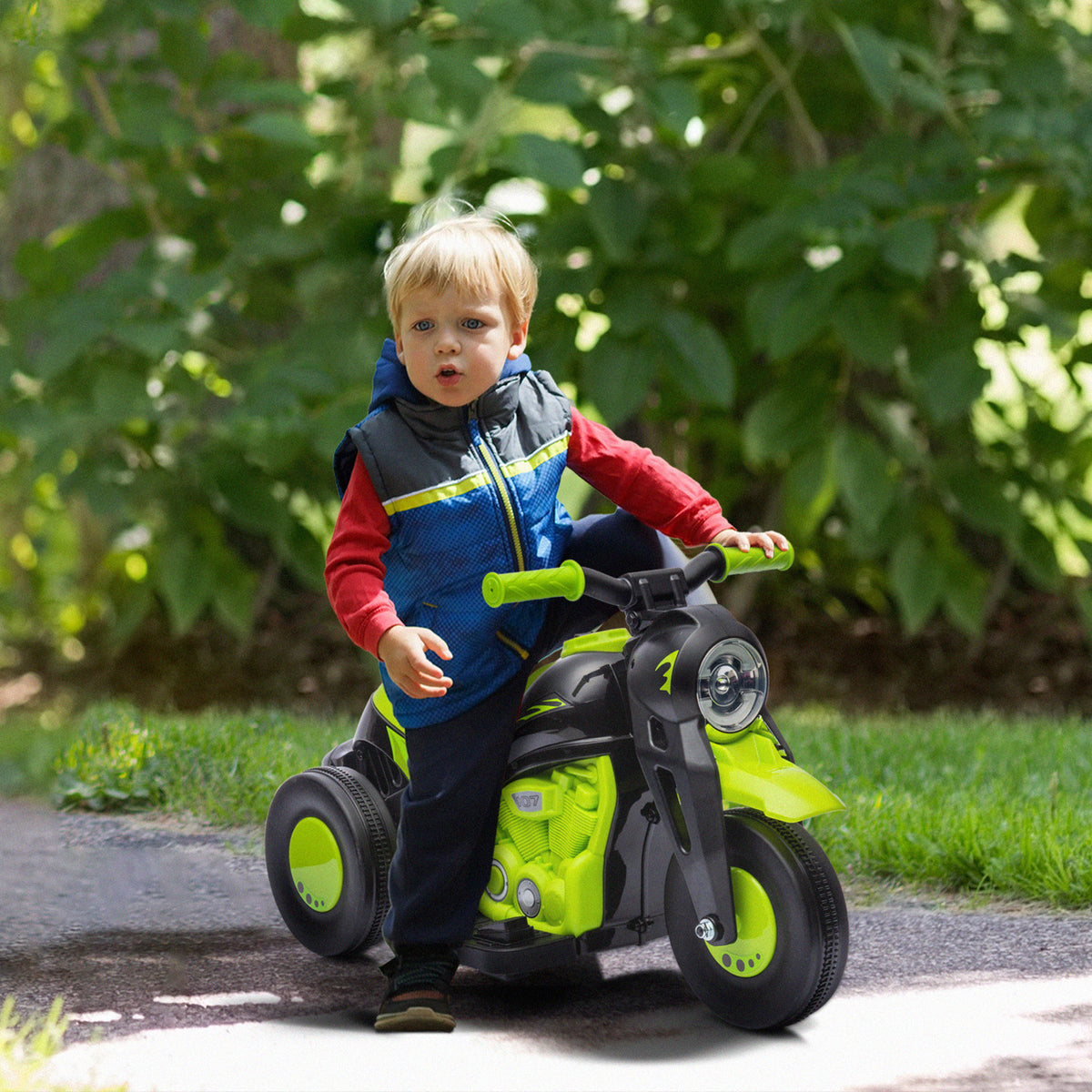 Moto électrique enfants 2-5 ans, 3 roues, 6 V, 3 km/h, avec fonction de bulles, effets lumineux et sonores, vert-1