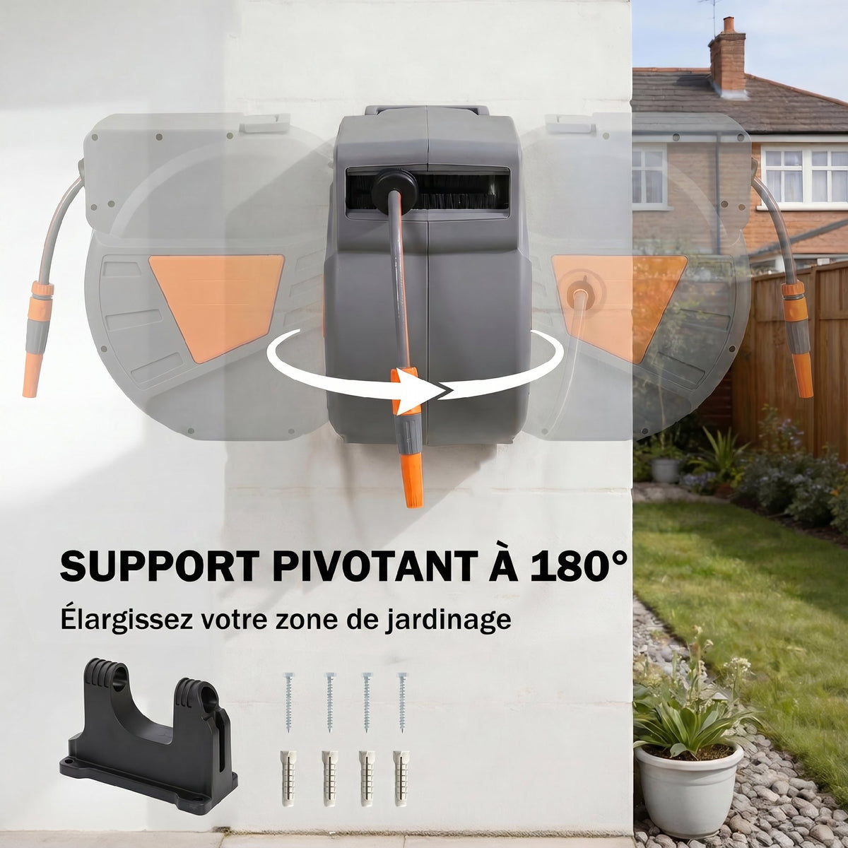 Enrouleur Tuyau Arrosage Mural 40+2 m x Ø 15mm, Dévidoir de Tuyaux d'Eau Rétractable Automatique Pivotant à 180°, Orange-5