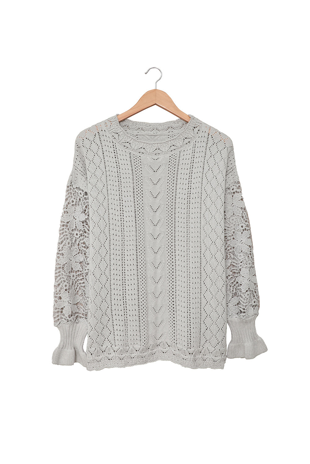 White Crochet Lace Pointelle Knit Sweater