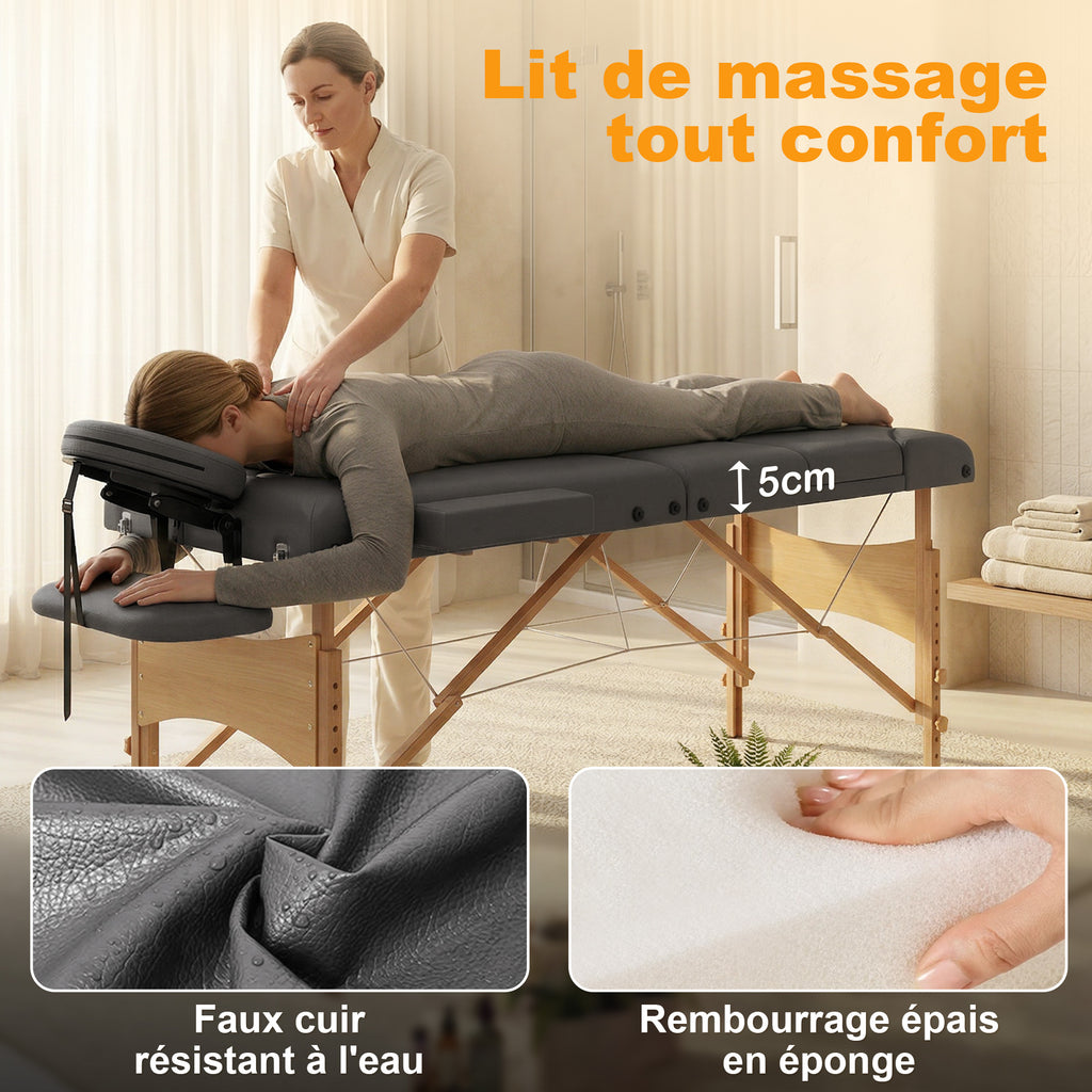 Table de massage pliante, lit de massage 3 zones portable 185 x 60 cm, hauteur et dossier réglables, appui-tête, gris-6