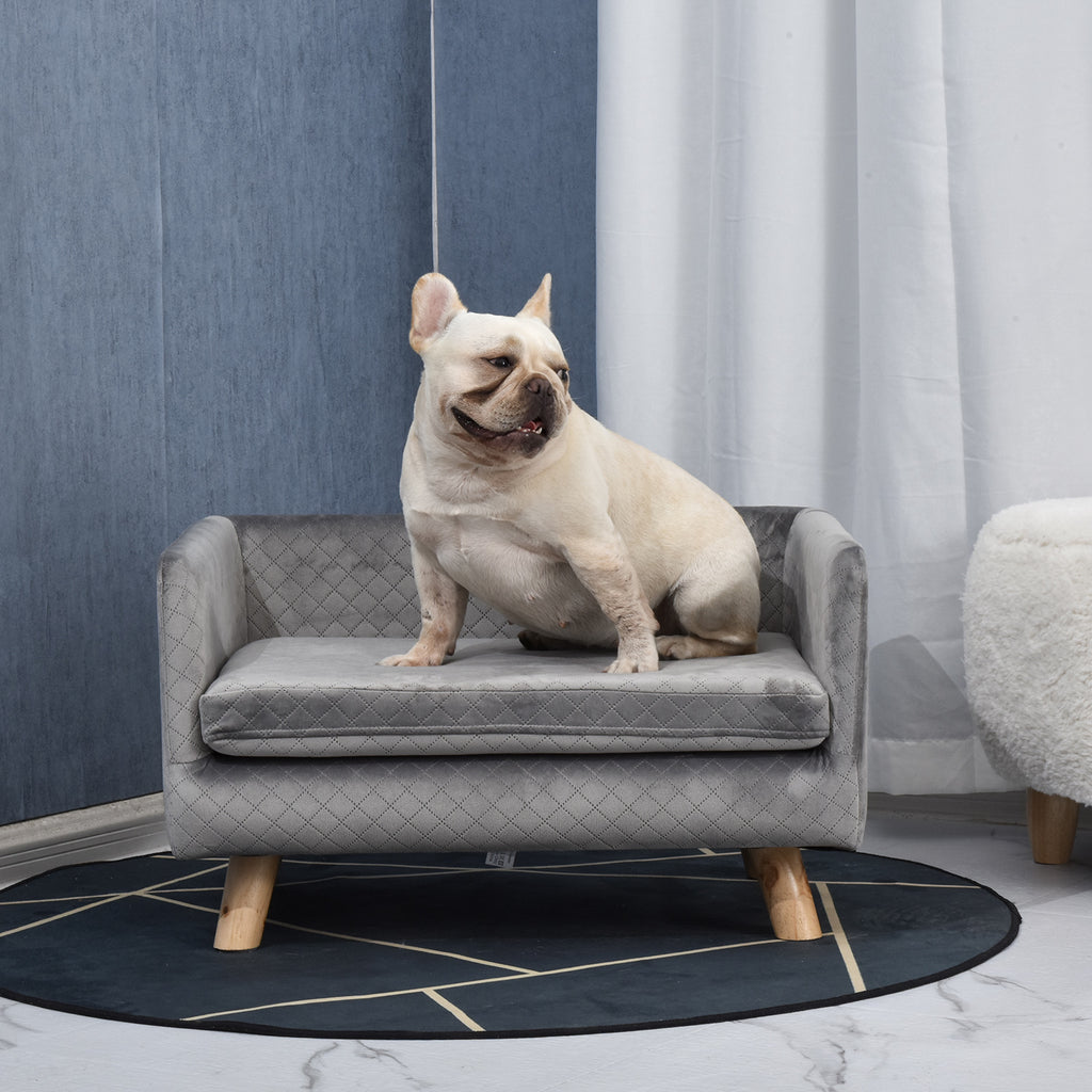 Canapé chien lit pour chien design scandinave coussin moelleux pieds bois massif dim. 64 x 45 x 36 cm velours gris-1