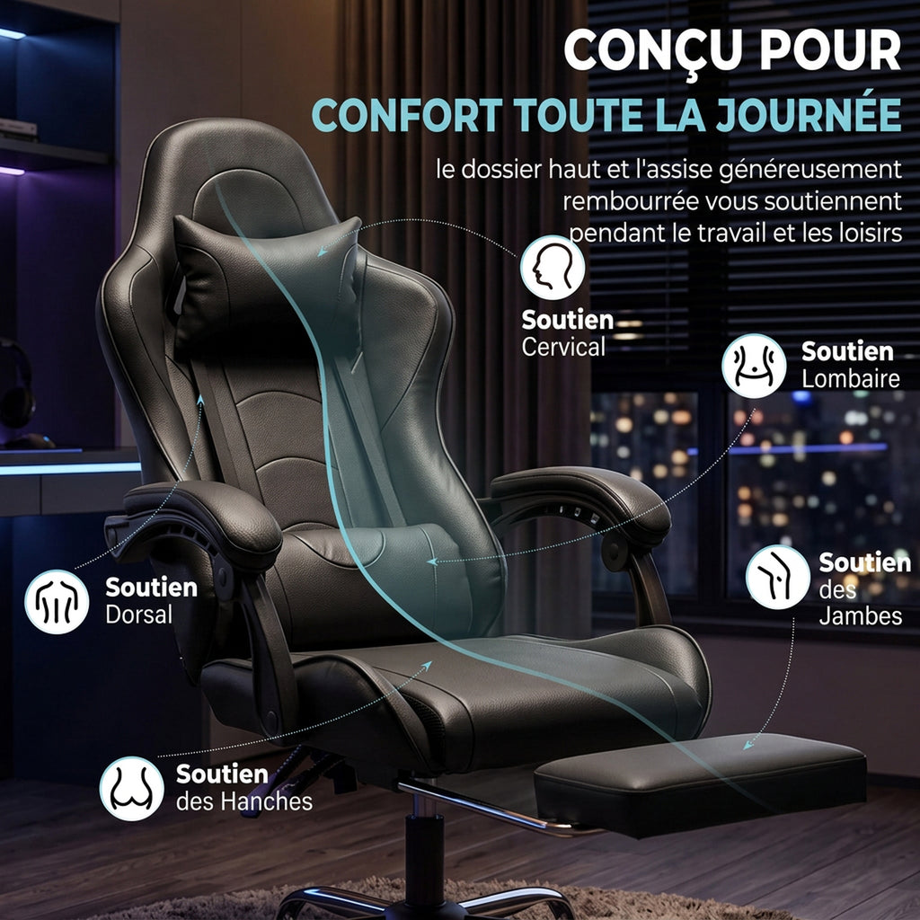 Chaise Gaming Ergonomique avec Coussin Lombaire Massant, Fauteuil Gaming Inclinable en Cuir Synthétique, Noir-4