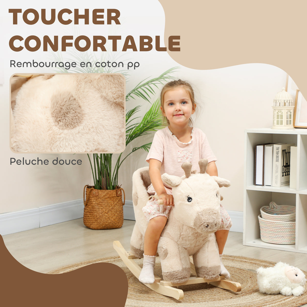 Cheval à bascule pour enfants girafe jouet à bascule bébé avec effet sonore, ceinture de sécurité, 68x35x50cm, beige-4