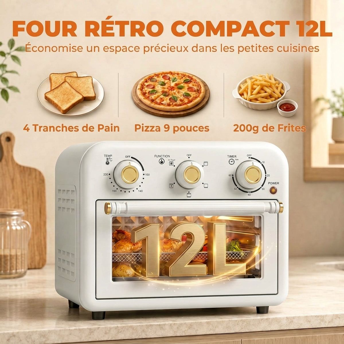 Four Friteuse à Air Chaud 12L, Four à Air Chaud Convection 1200 W avec Plaque de Cuisson, Panier de Friture, Crème-3
