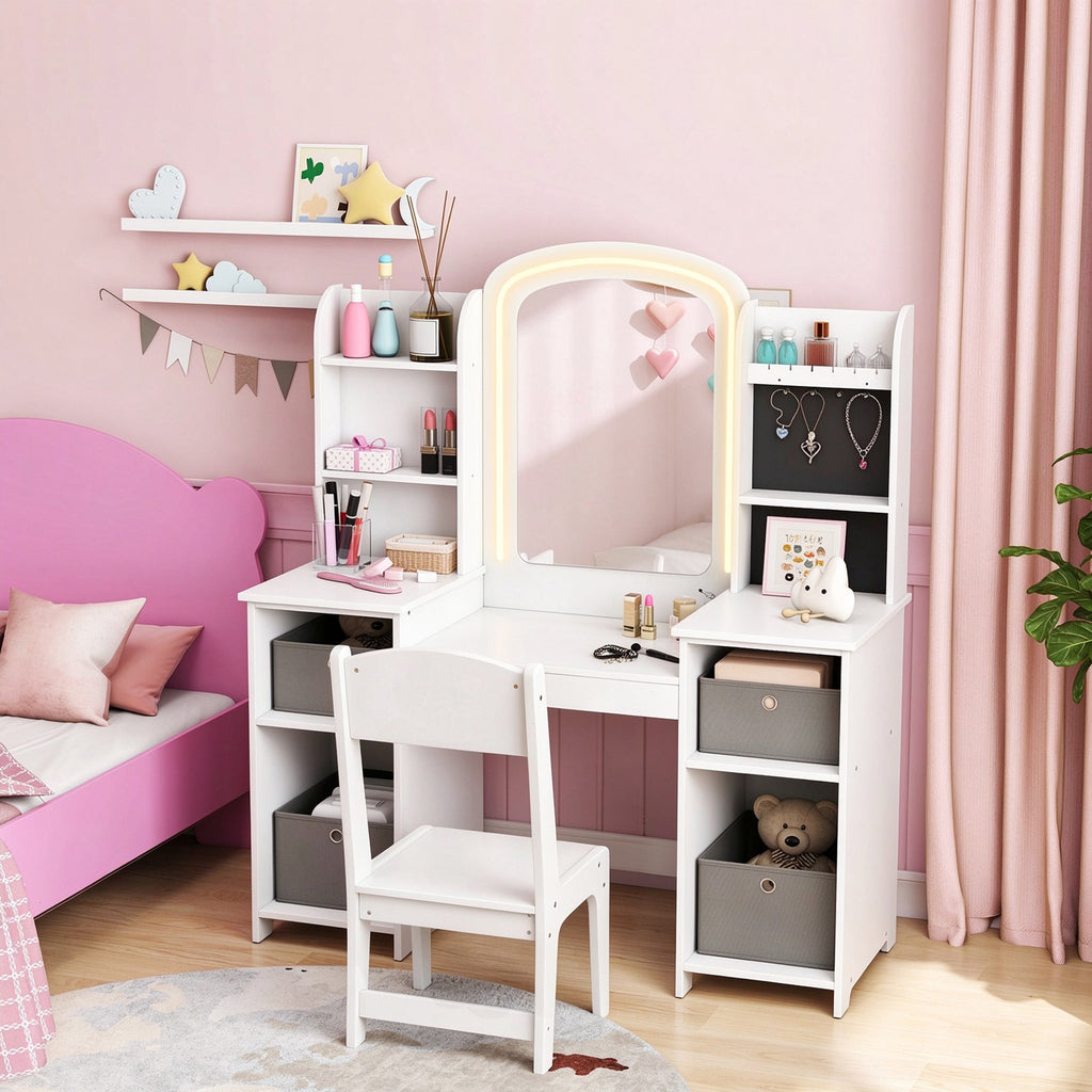 Coiffeuse pour enfants avec tabouret et miroir LED, table de maquillage pour 3 à 8 ans, 104 x 40 x 112 cm, blanc-1