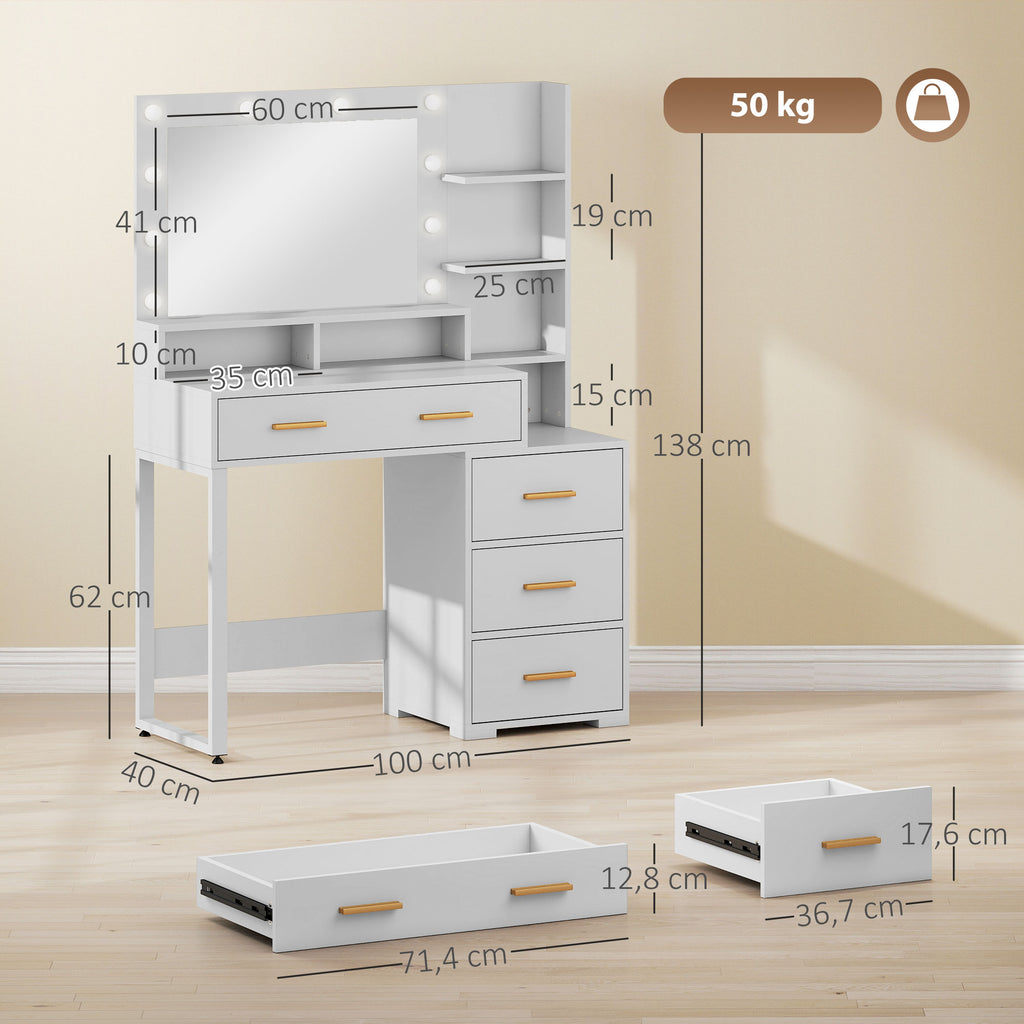 Coiffeuse avec miroir et 9 lumières LED, 4 tiroirs et 6 compartiments ouverts, 100 x 40 x 138 cm, blanc-2