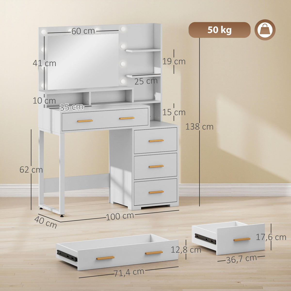 Coiffeuse avec miroir et 9 lumières LED, 4 tiroirs et 6 compartiments ouverts, 100 x 40 x 138 cm, blanc-2