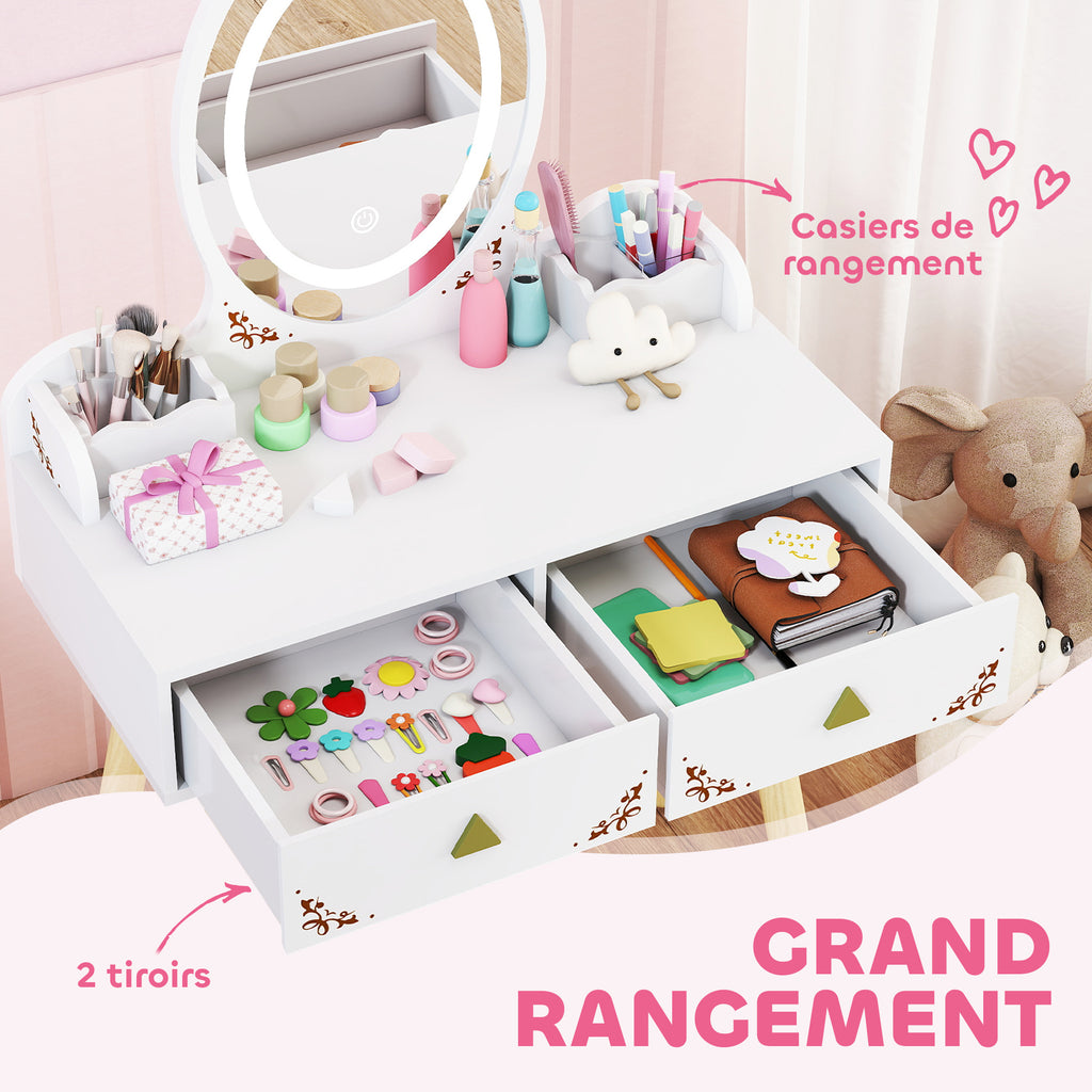 Coiffeuse pour enfant 2 en 1 bureau enfant fille avec miroir à LED 3 couleurs et tabouret 60x30x99,3 cm blanc-5