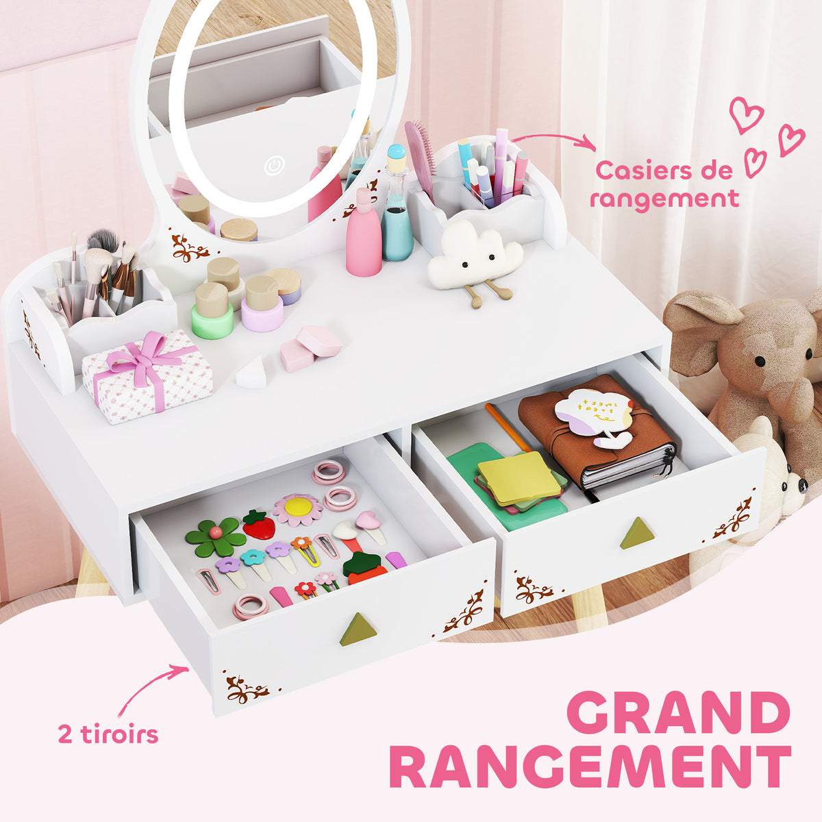 Coiffeuse pour enfant 2 en 1 bureau enfant fille avec miroir à LED 3 couleurs et tabouret 60x30x99,3 cm blanc-5