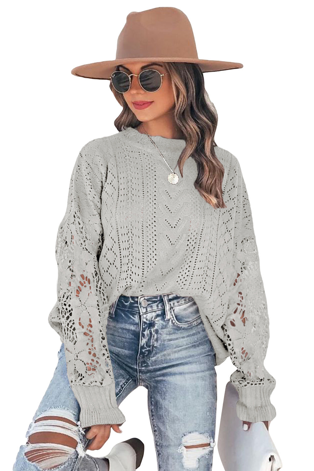White Crochet Lace Pointelle Knit Sweater