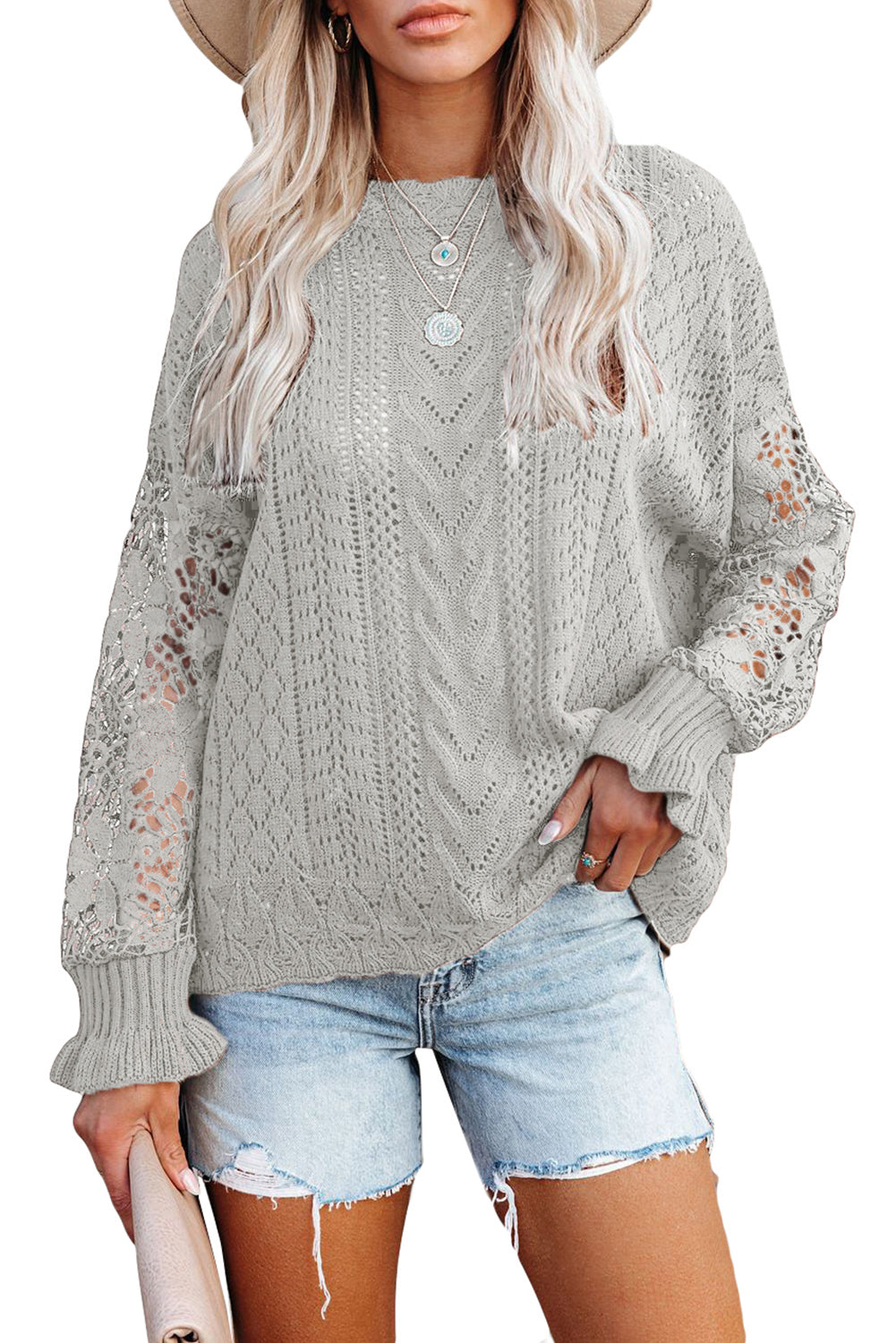 White Crochet Lace Pointelle Knit Sweater