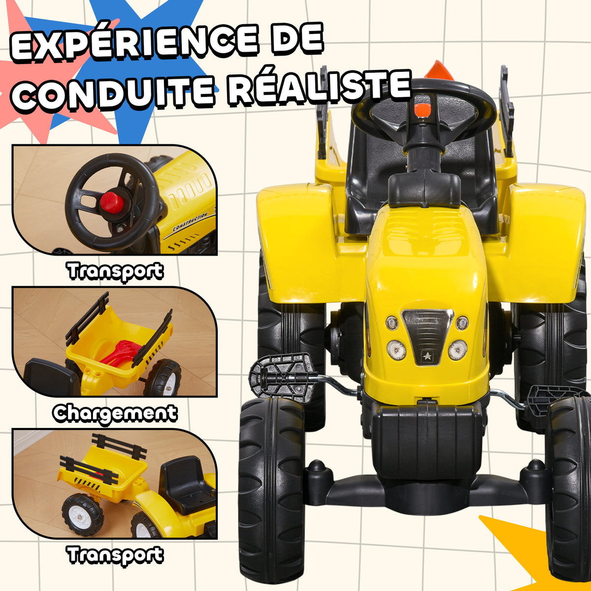 Porteur tracteur enfants avec remorque, râteau et pelle, tracteur à pédales 6 roues, charge 35 kg, pour 3+ ans, jaune-3