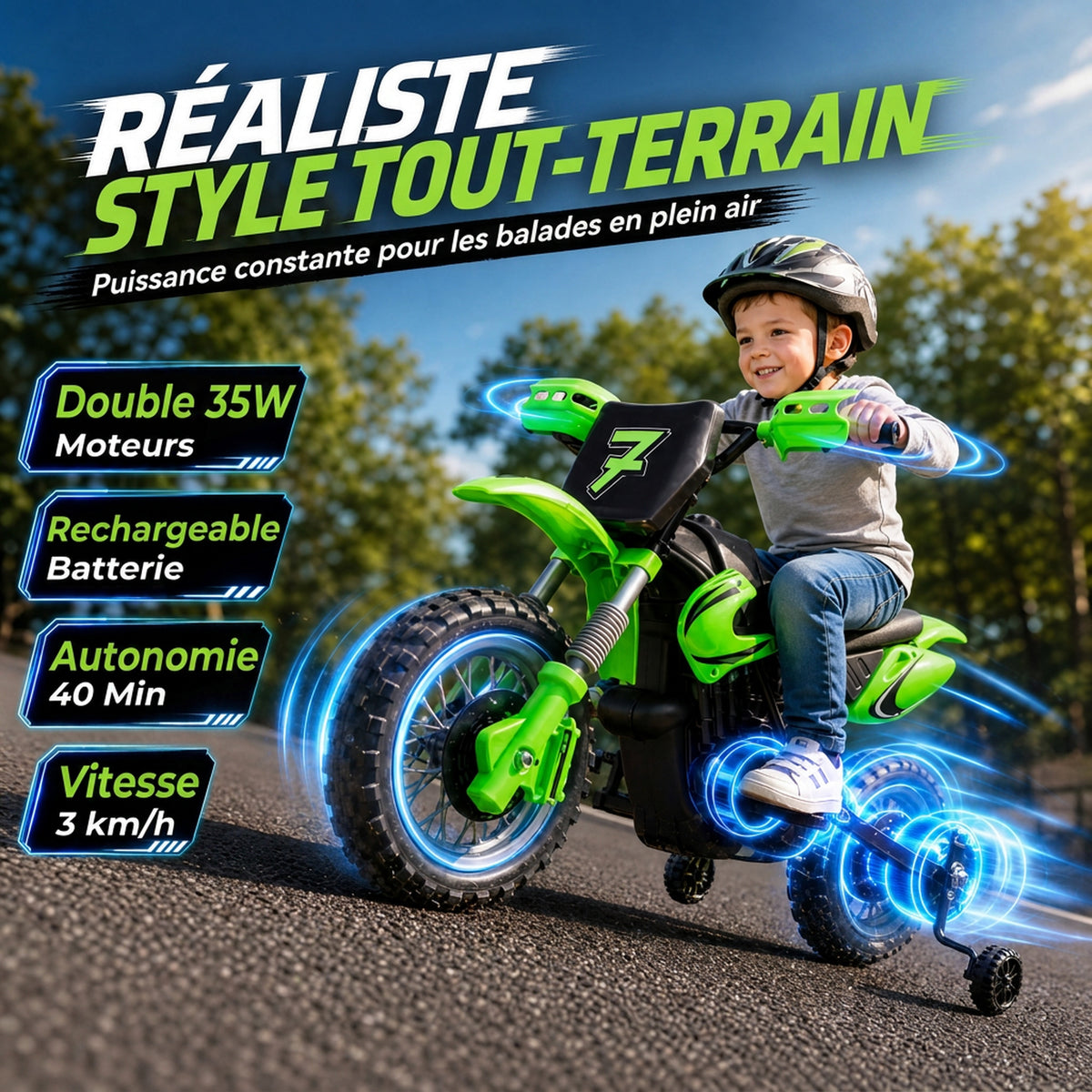 Moto Électrique Enfants 12 V, Vitesse Max 3 Km/h, Batterie au Lithium, Double Moteur, Suspension Arrière, Vert-3