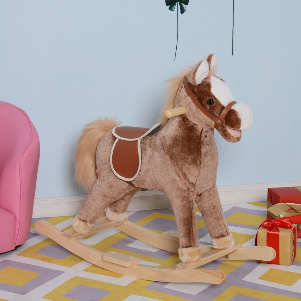 Cheval à Bascule Cheval de Cowboy Selle Grand Confort pour Enfants de 36+Mois Peluche Courte Douce Bois peuplier Charge 40 Kg Brun Blanc-9