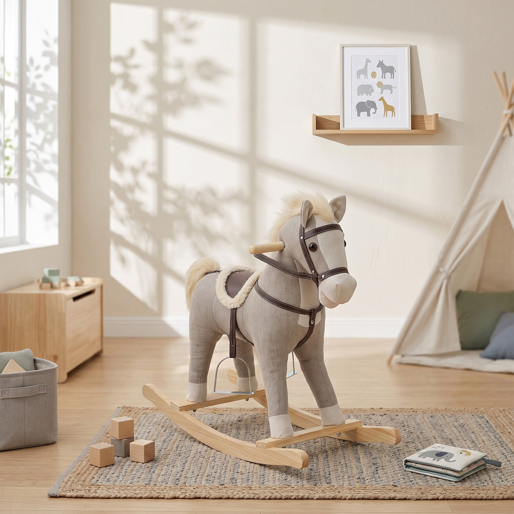 Cheval à bascule pour enfants, jouet à bascule bébé en tissu effet lin avec effets sonores et poignées de sécurité, gris-1