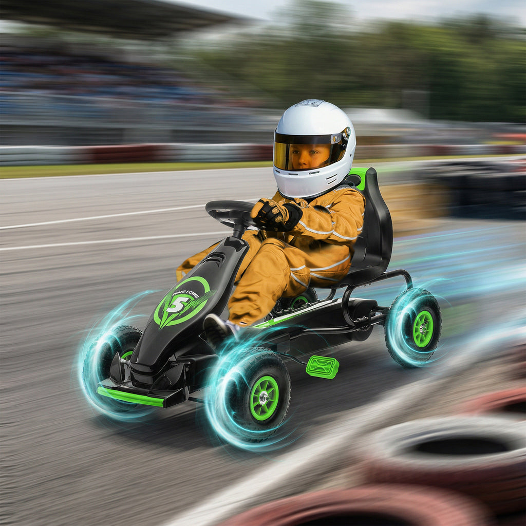 Kart à pédales pour enfant siège réglable 3 positions frein à main enfant de 5 à 12 ans vert noir-9