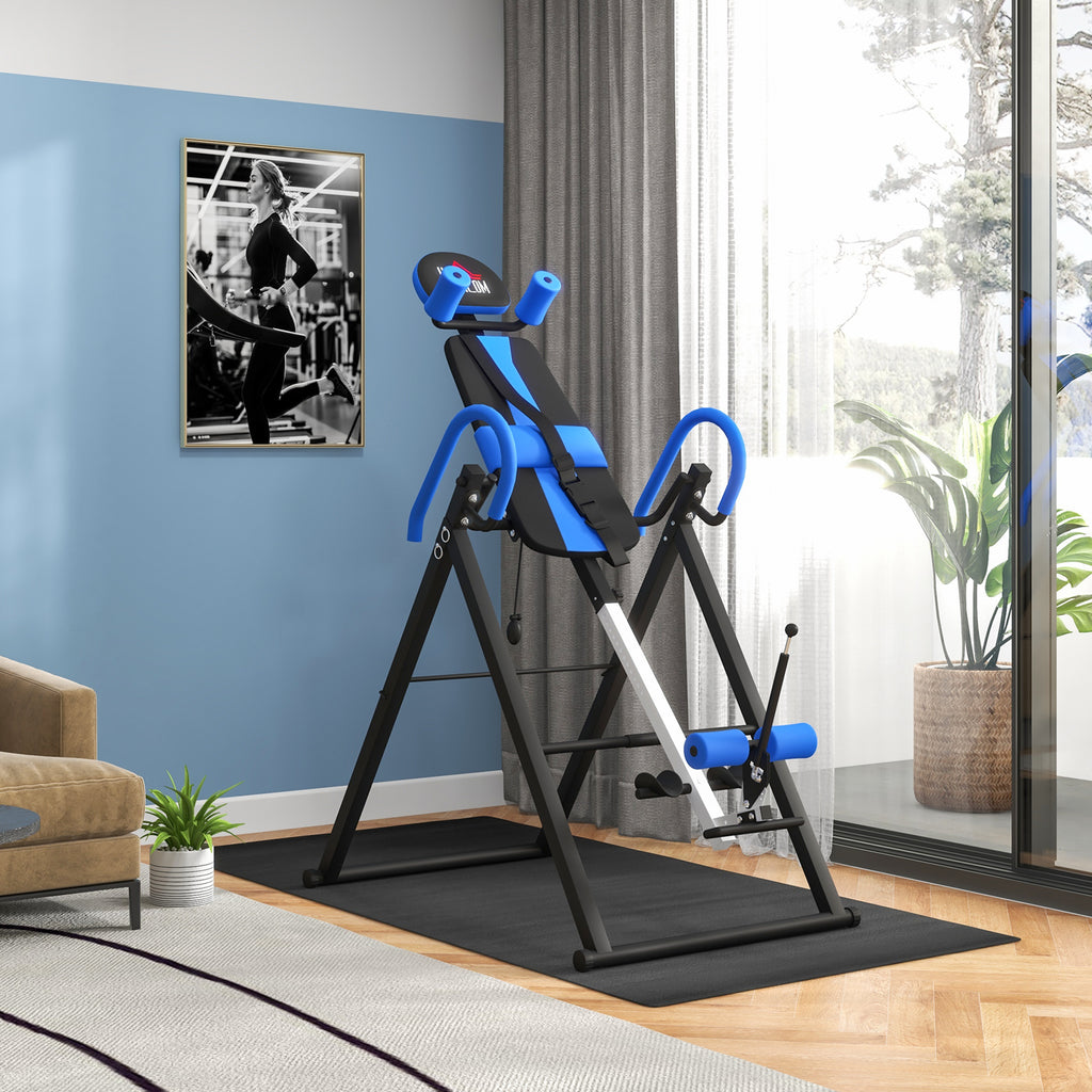 Table d'inversion de musculation pliable ceinture de sécurité réglable angle ajustable 3 niveaux 79x114x153cm bleu noir-9