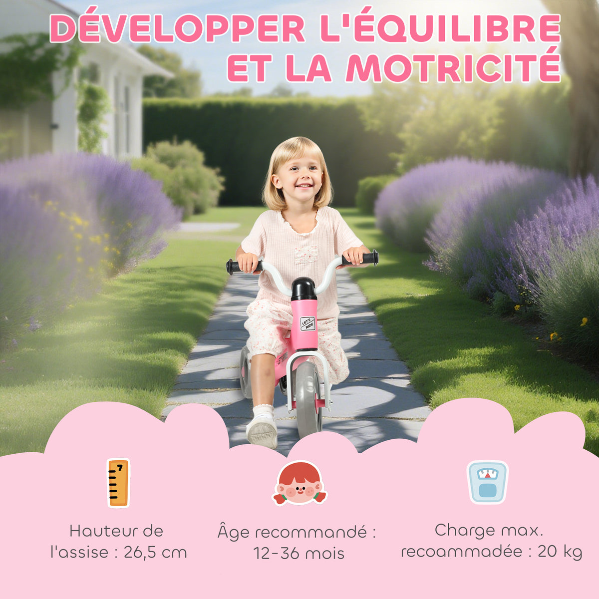Draisienne bébé 1-3 ans jusqu'à 20 kg, vélo enfants sans pédale, 3 roues silencieuses, 69 x 40 x 49 cm, rose-3