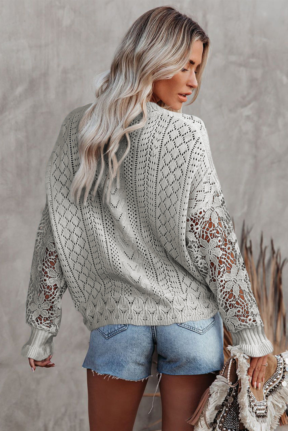 White Crochet Lace Pointelle Knit Sweater