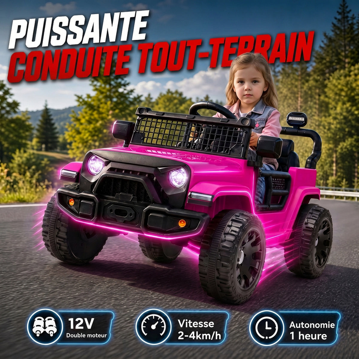 Voiture Électrique Enfants 12V, Buggy Électrique Enfants, 2-4 km/h, 2 Moteurs, Télécommande, Batterie Lithium, Rose-3