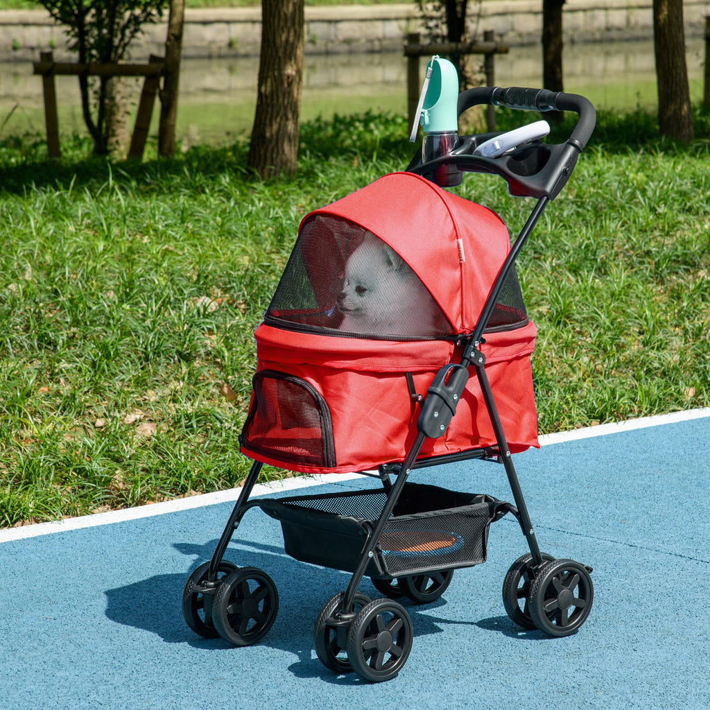 Poussette buggy pliable chien chat panier rangement porte-gobelets tissu 300D Oxford imperméable 4 roues rouge-9