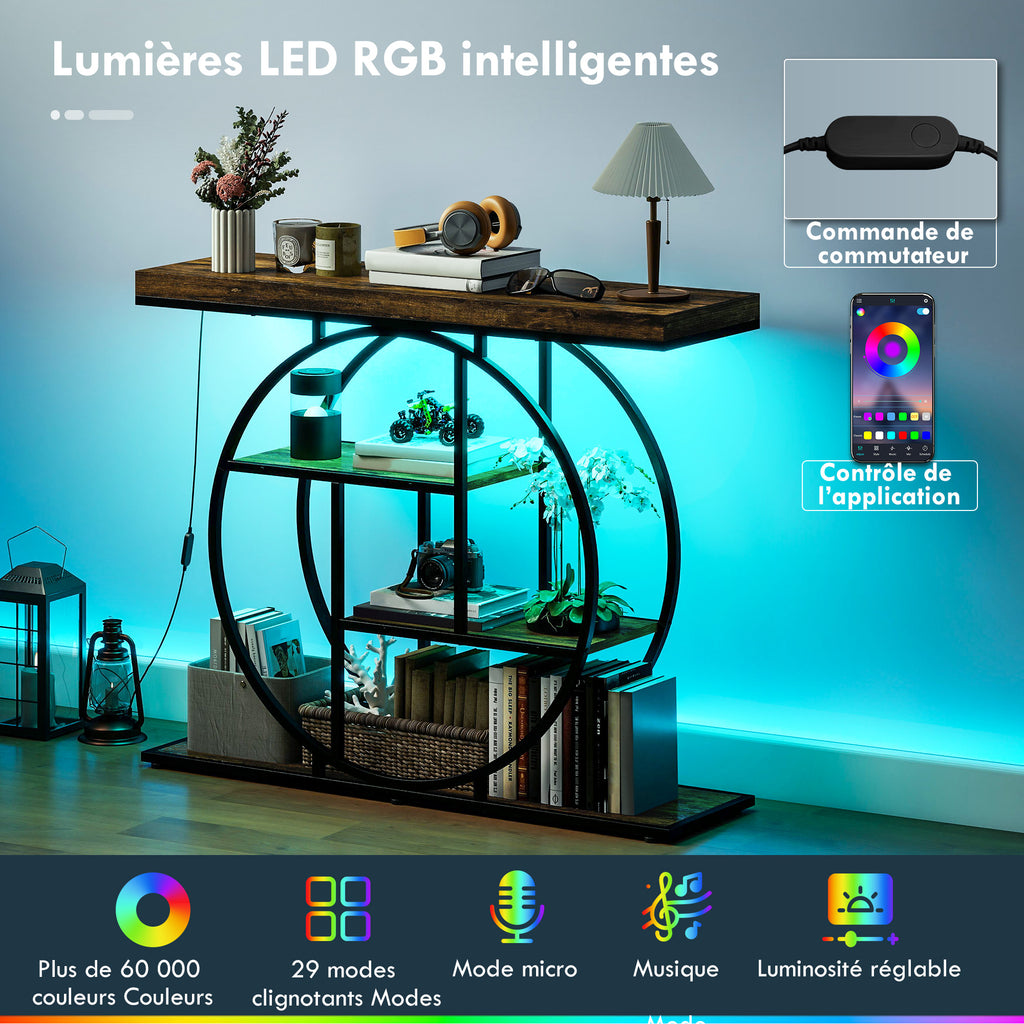 Console meuble avec éclairage LED 100 cm, table console à 4 niveaux avec étagères ouvertes, marron rustique et noir-3