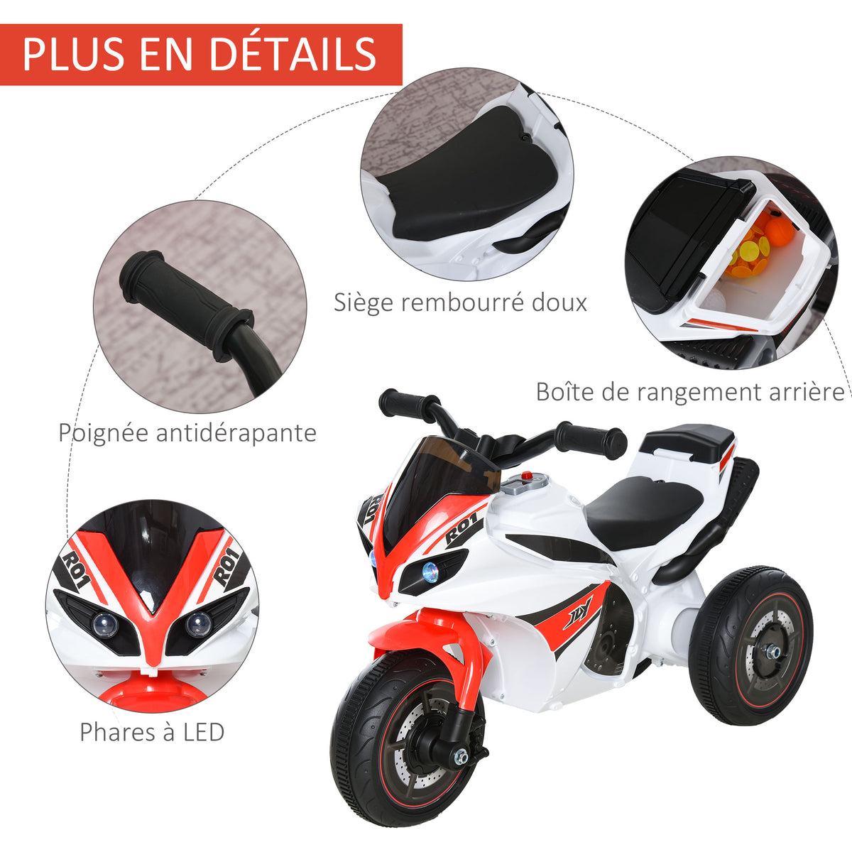 Porteur Enfants Moto de Course Effets musicaux et Lumineux Coffre Rangement Rouge Blanc-3