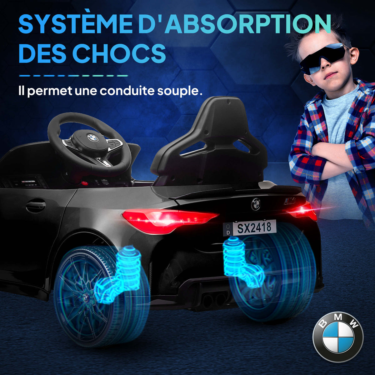 Voiture Électrique pour Enfants BMW M4 12V avec Télécommande 2,4G, Double Moteur, Klaxon, Lumières LED, Noir-5
