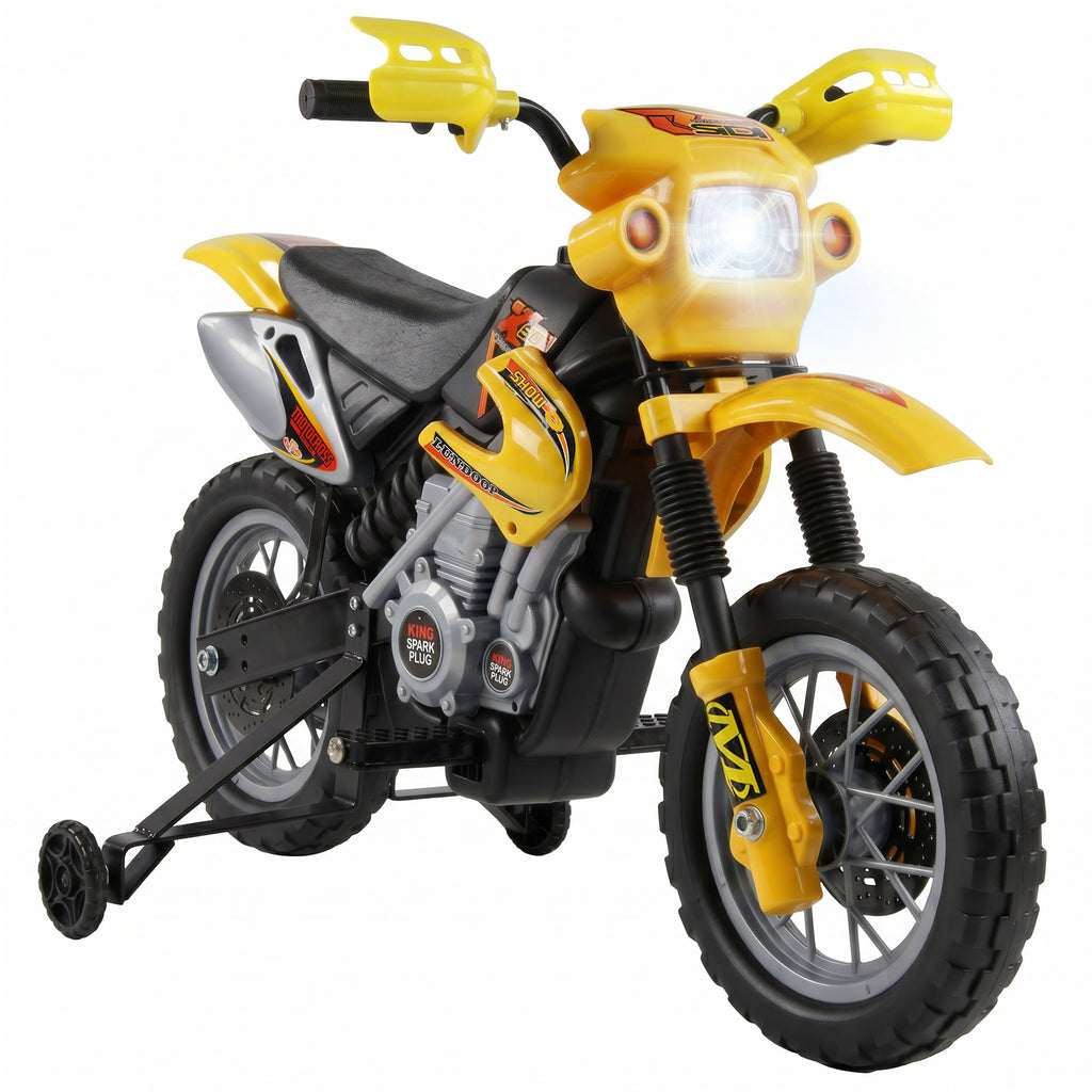 Moto électrique enfants, moto cross pour enfants avec batterie 6 V, phares, musiques et roues d'entraînement, 3 à 6 ans, charge 25KG, jaune et noir-0