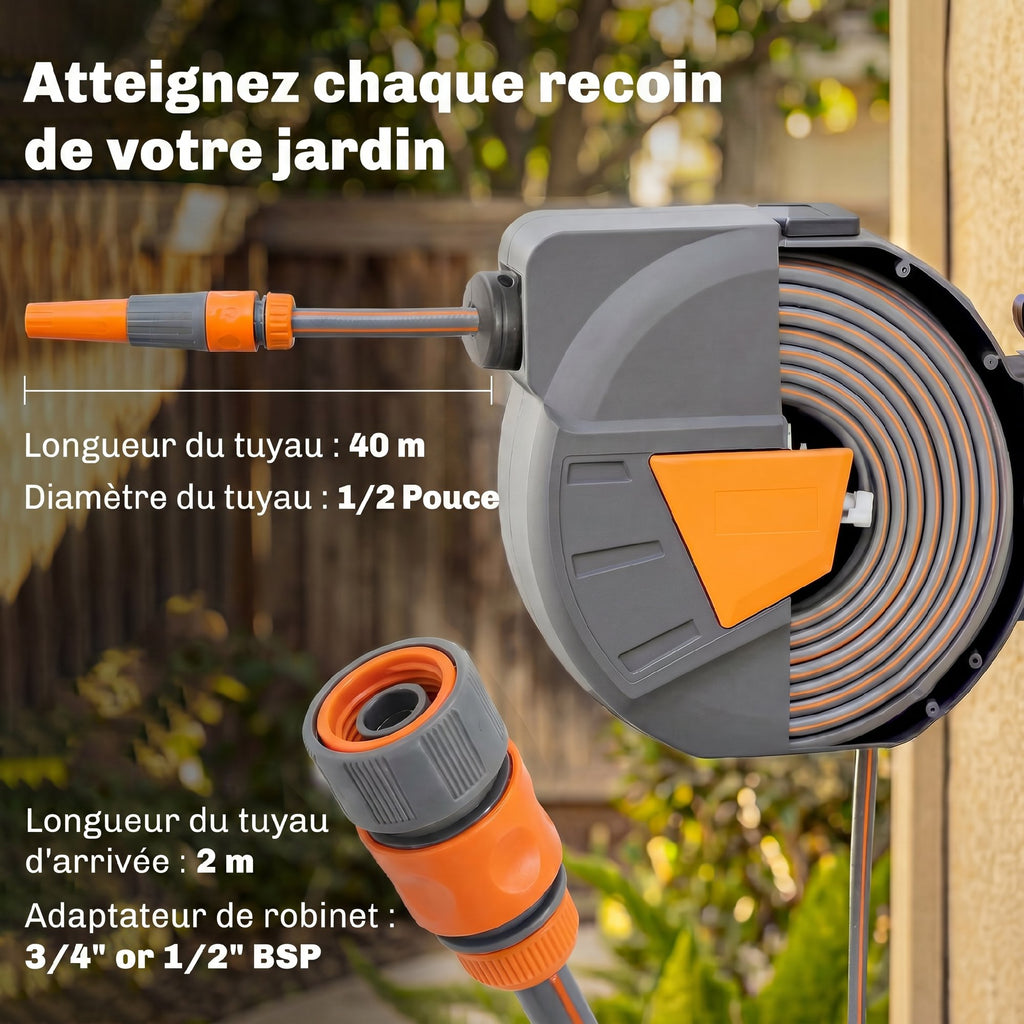 Enrouleur Tuyau Arrosage Mural 40+2 m x Ø 15mm, Dévidoir de Tuyaux d'Eau Rétractable Automatique Pivotant à 180°, Orange-3