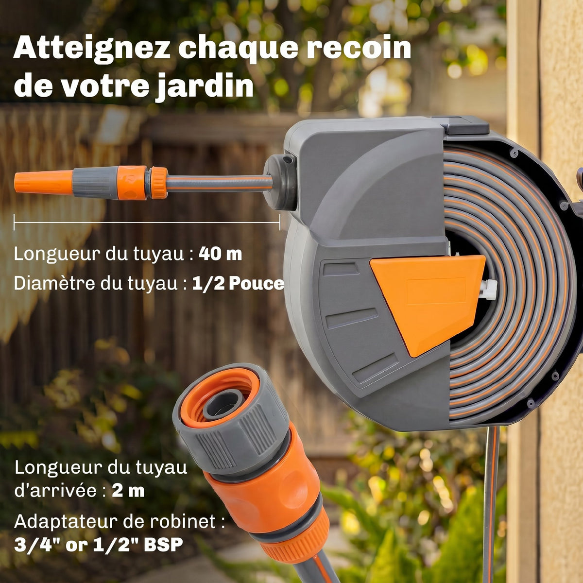 Enrouleur Tuyau Arrosage Mural 40+2 m x Ø 15mm, Dévidoir de Tuyaux d'Eau Rétractable Automatique Pivotant à 180°, Orange-3