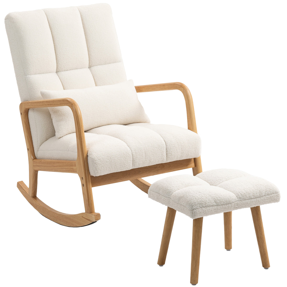 Fauteuil à bascule avec repose-pieds, rocking chair en tissu bouclette, pieds en bois, 64,5 x 82 x 89 cm, blanc-0