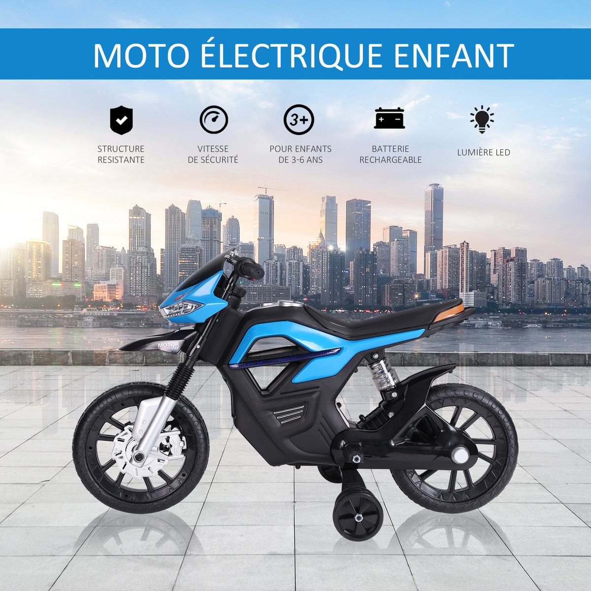 Moto électrique pour Enfants de 3-6 ans 25 W 6 V 3 Km/h Effets Lumineux et sonores roulettes Amovibles Charge max. 30 kg Bleu-3