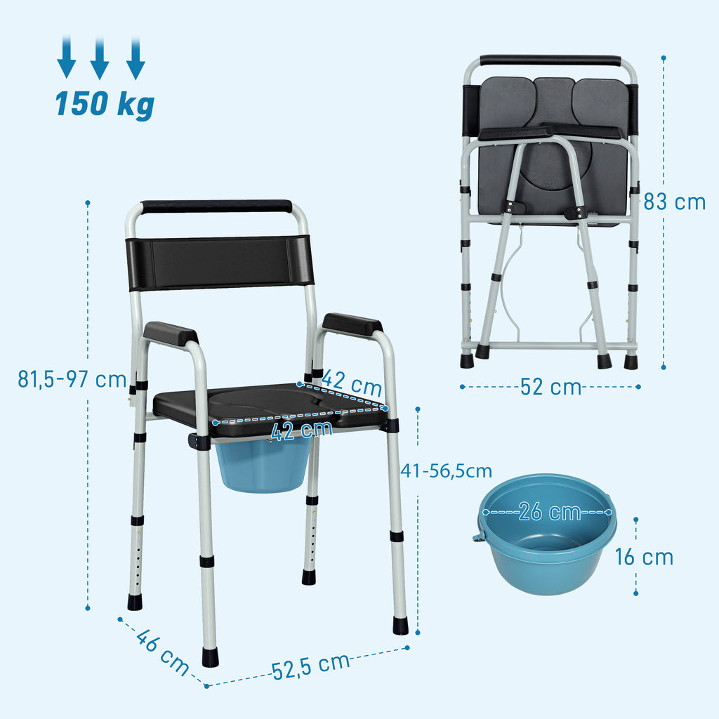 Chaise percée toilette pliable antidérapante hauteur réglable, siège et accoudoirs rembourrés, charge 150 kg, noir-2