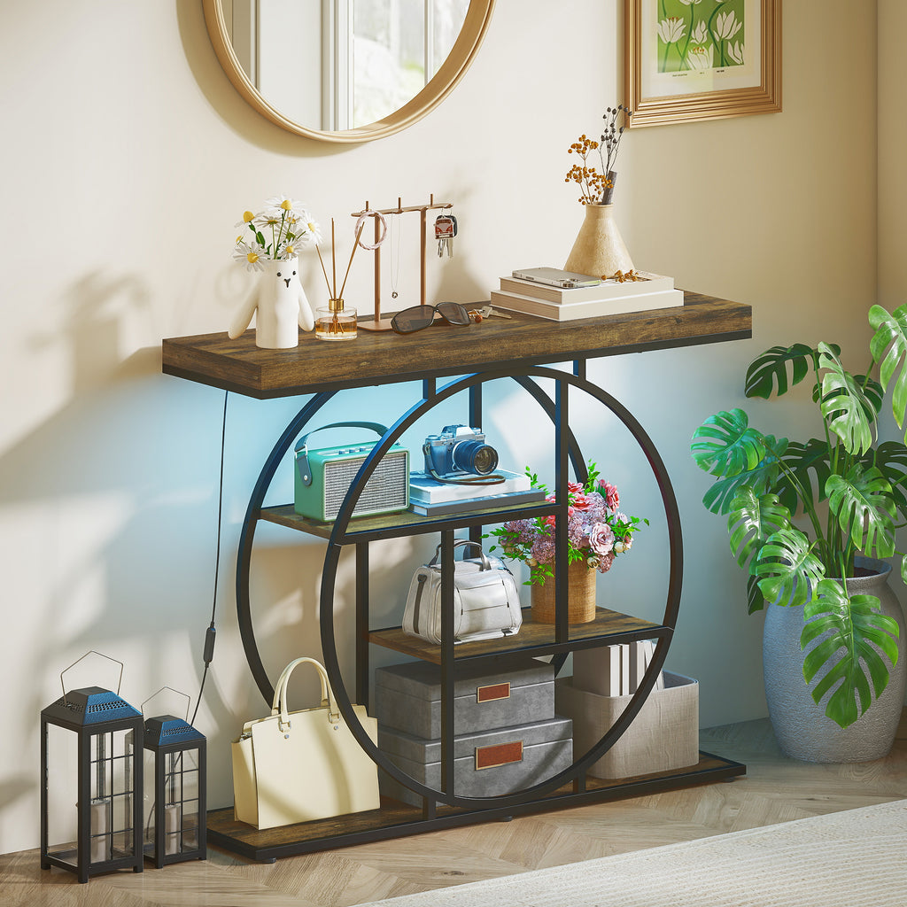Console meuble avec éclairage LED 100 cm, table console à 4 niveaux avec étagères ouvertes, marron rustique et noir-6