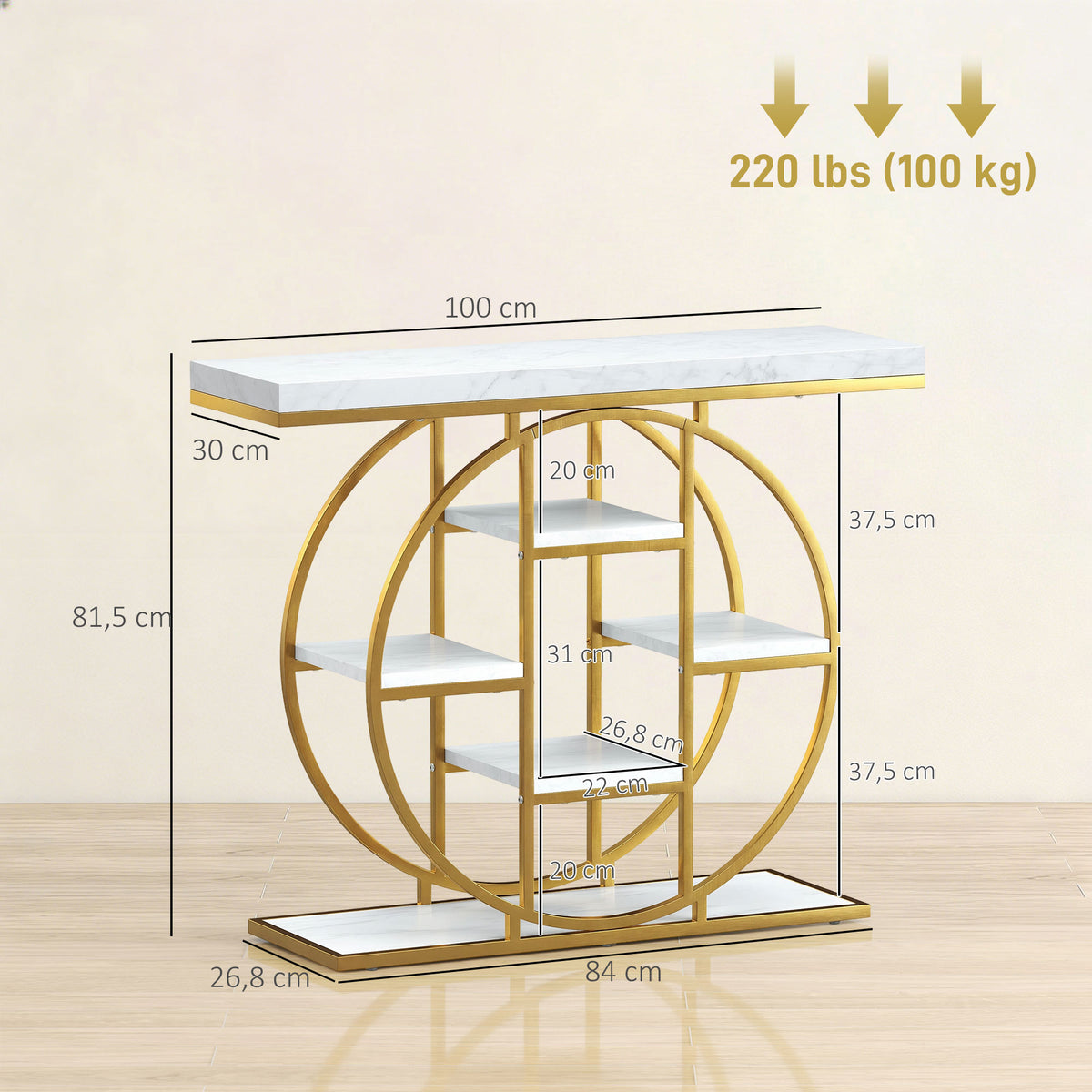 Table Console d'Entrée Meuble d'Entrée Industrielle 6 Étagères Rangement Plateau 4cm 100 x 30 x 81,5cm Blanc-2